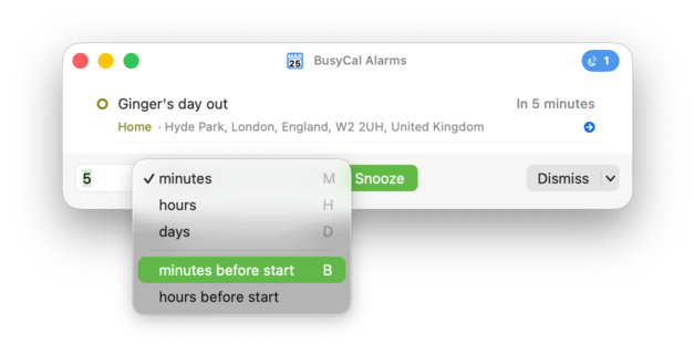 BusyCal Alarm Window — Minutes Before Start snooze option