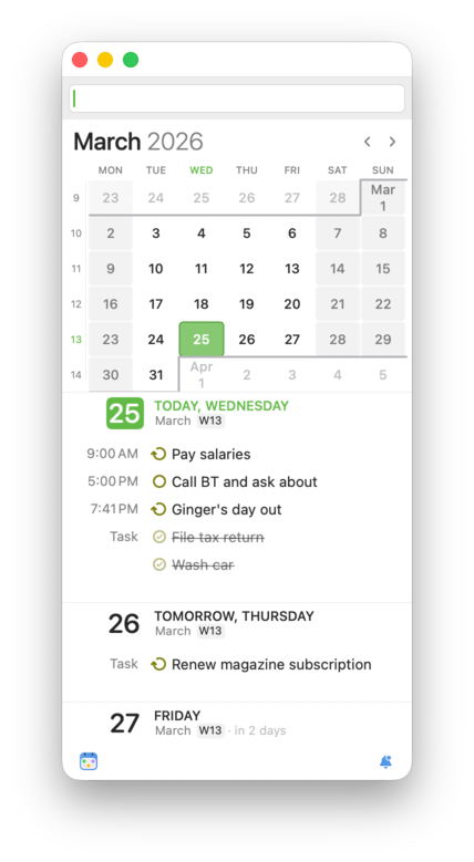 BusyCal Menu App — bell button to reopen the Alarm window