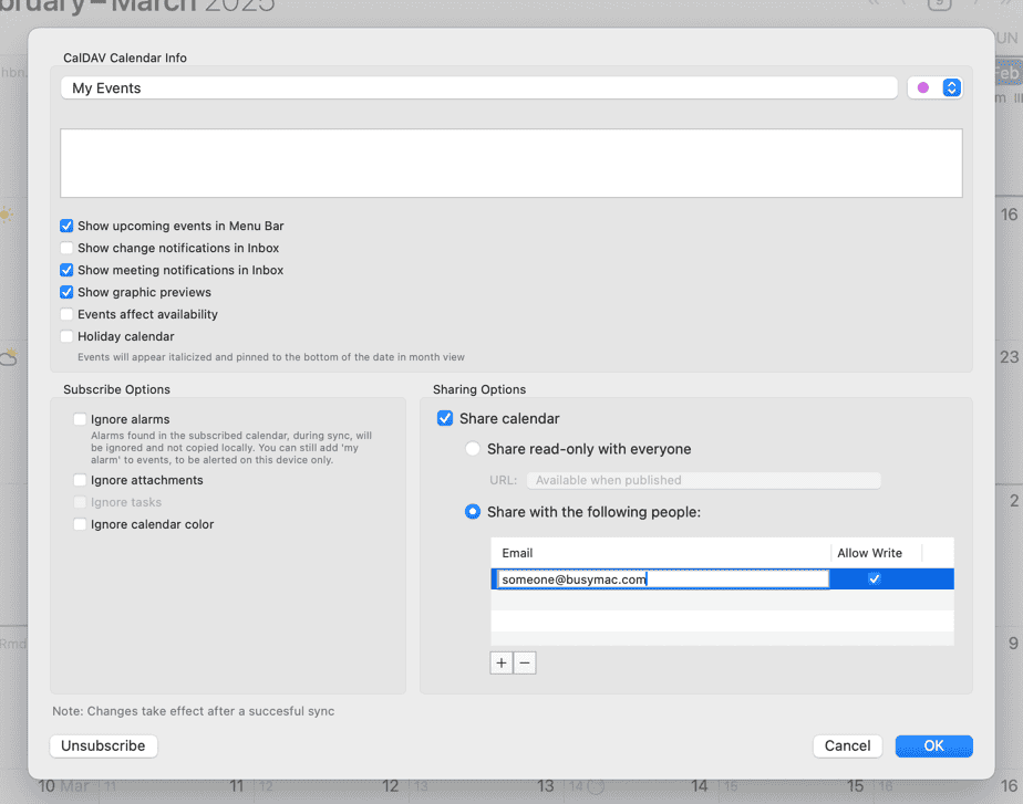 CalDAV Share Calendar Info