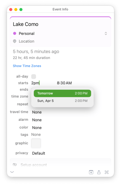 Typing 2pm suggests upcoming days at 2:00 PM
