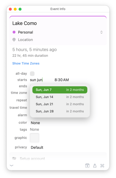 Typing sun jun shows all Sundays in June