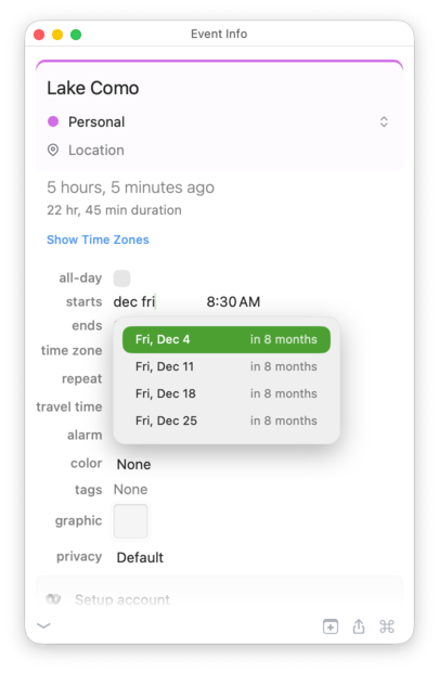 Typing dec fri shows all Fridays in December