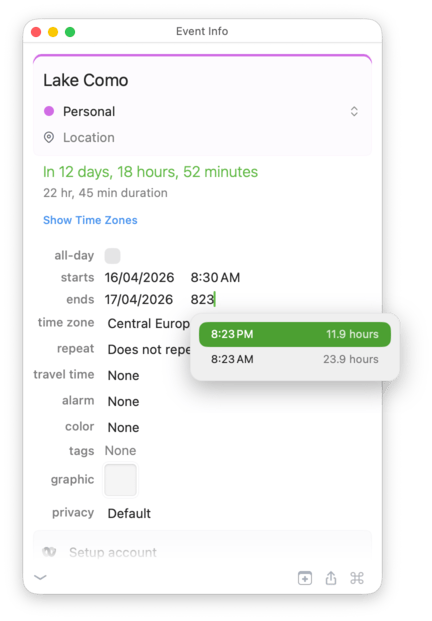 End time suggestions show event duration