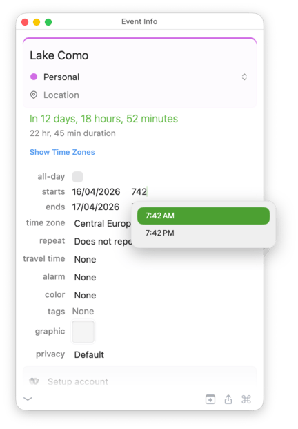 Typing 742 suggests 7:42 AM and 7:42 PM