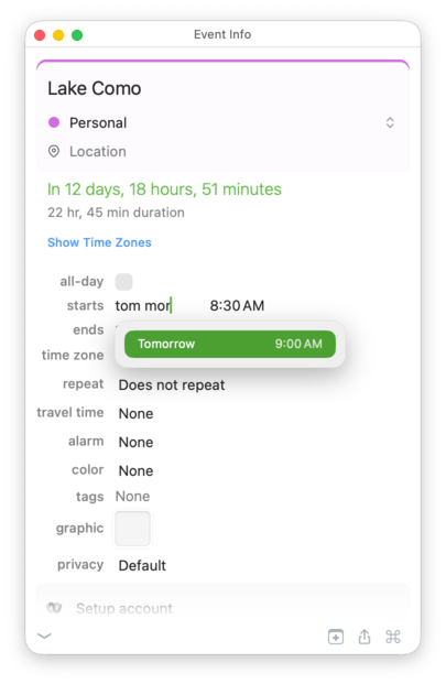 Typing tom mor suggests Tomorrow at 9:00 AM