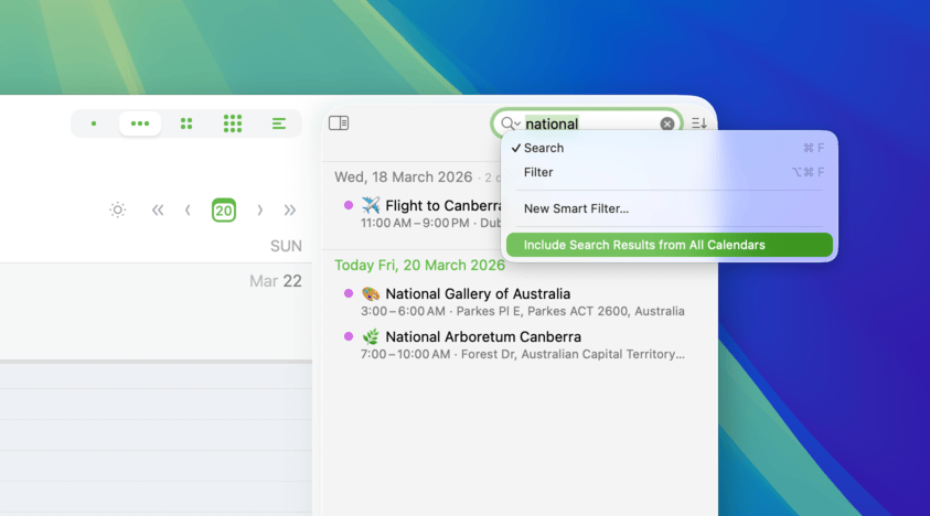 Include Search Results from All Calendars option