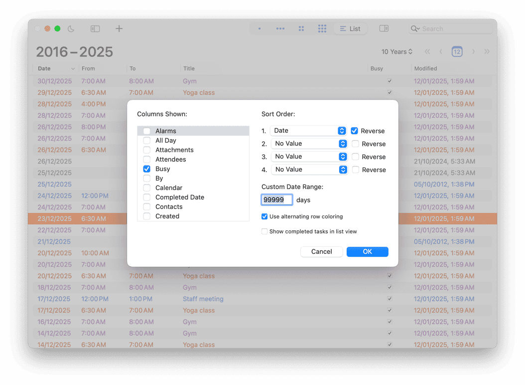 List View Settings