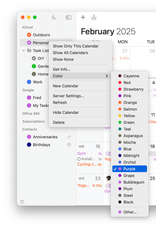 Calendar Color Menu