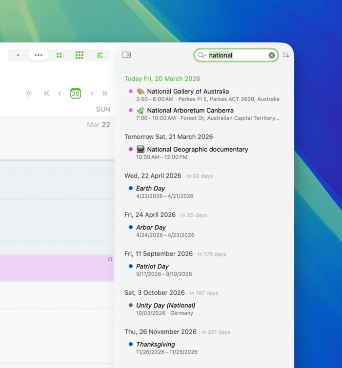 Search results including all calendars