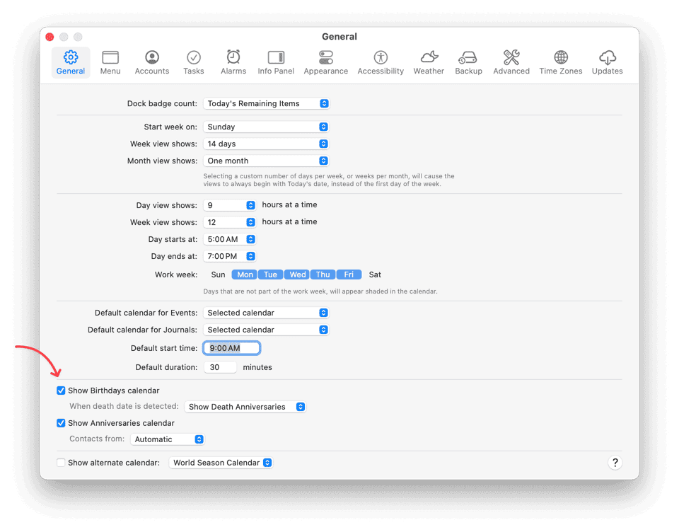 Birthdays and Anniversaries Settings