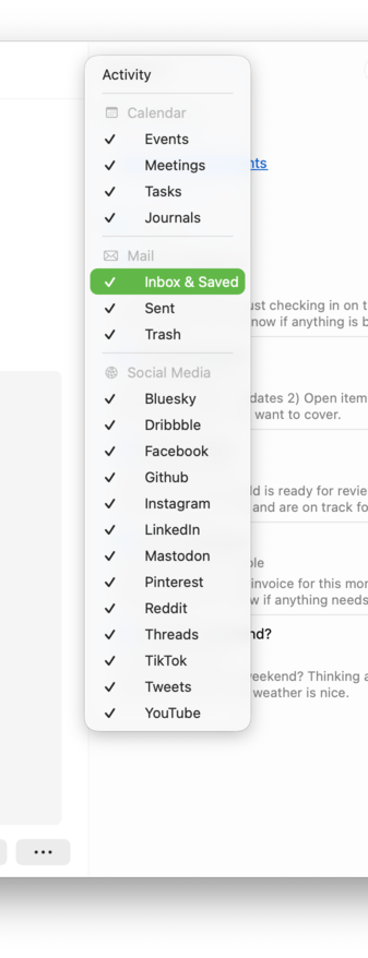 Activity menu with Mail categories