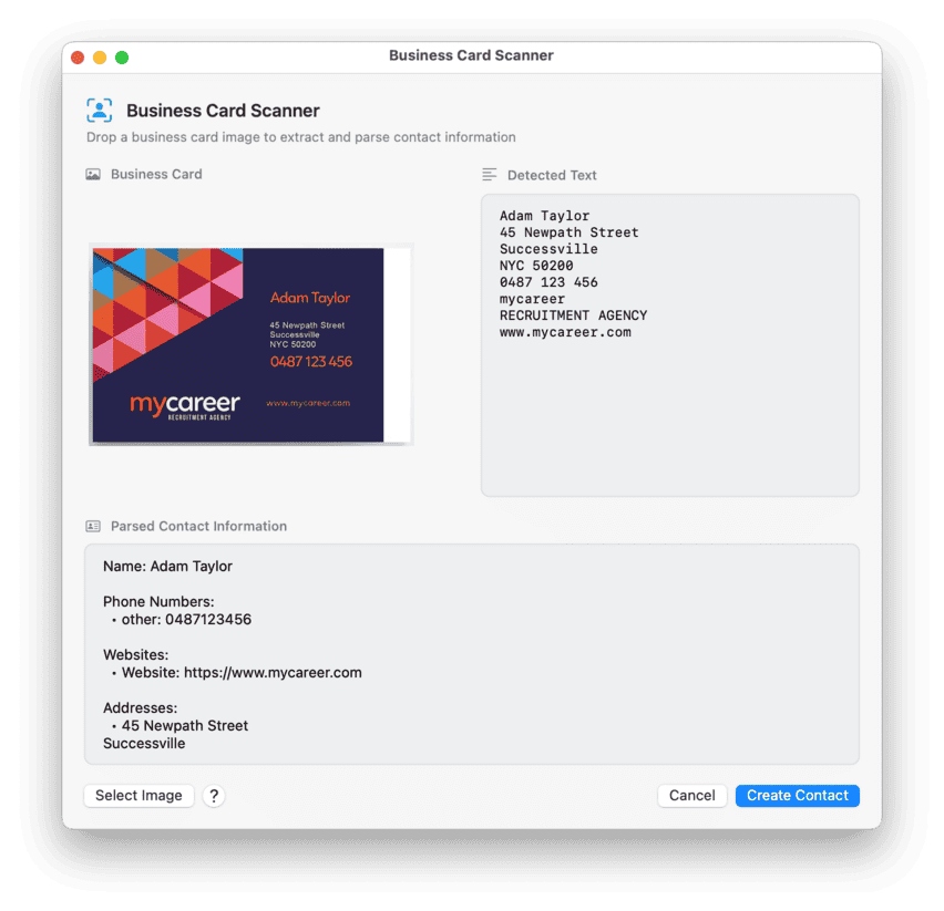Business Card Reader Window