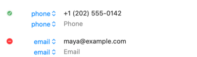Green checkmark awaiting confirmation beside a phone number, with a red minus button beside the email address
